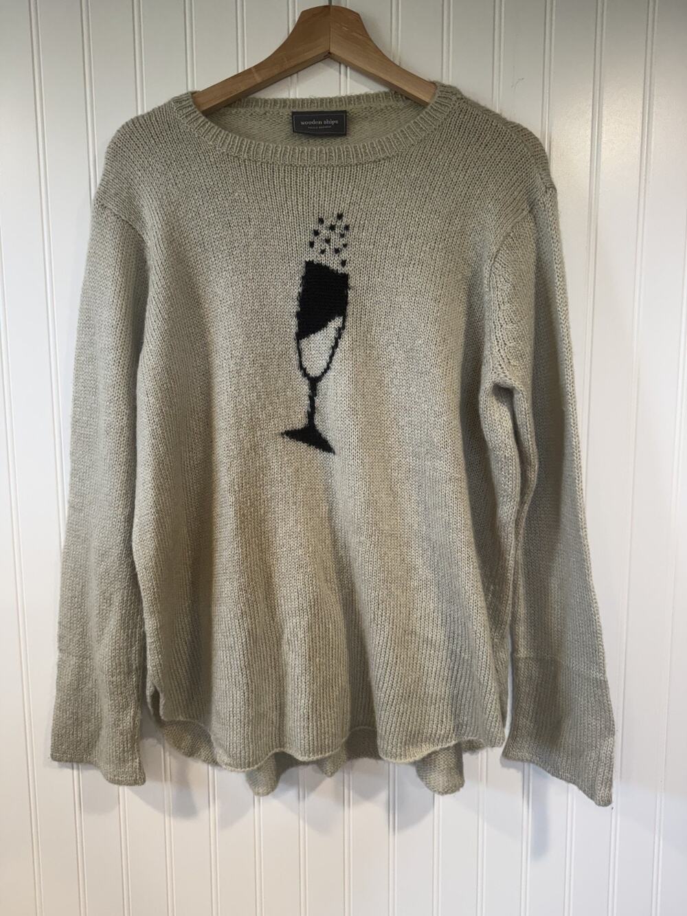 Wooden Ships Sweater M/L Tan Champagne, Holiday, New Years, Wool Blend, Crewneck